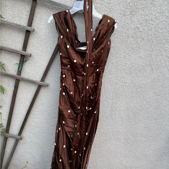 LPA Luisa Polka Dot Midi Dress Detachable Scarf Brown Cream NEW with tags! - Picture 6 of 13